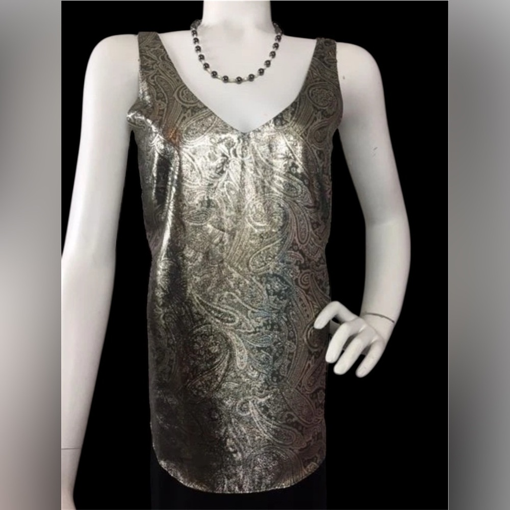 The Limited Sleeveless Blouse Metallic Gold Olive Green Paisley Tank NWT V Neck
